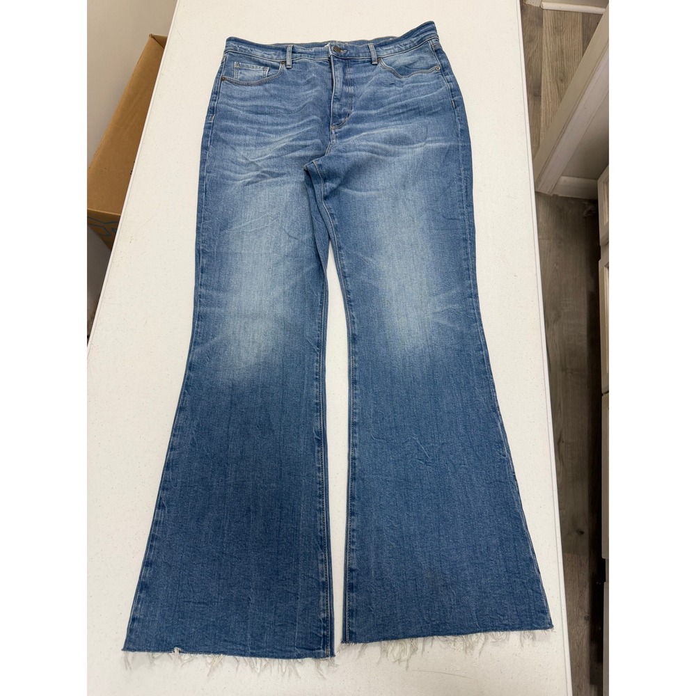 LOFT The Slim Flare Jeans Womens 14/32 Medium Wash High Rise Raw Hem Denim